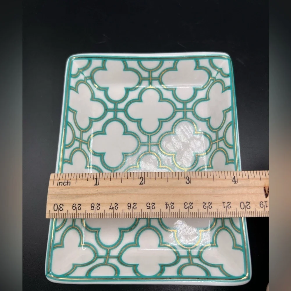 I. Godinger & Co. Trinket Jewelry Dish Tray Rectangle White W/ Teal & Gold